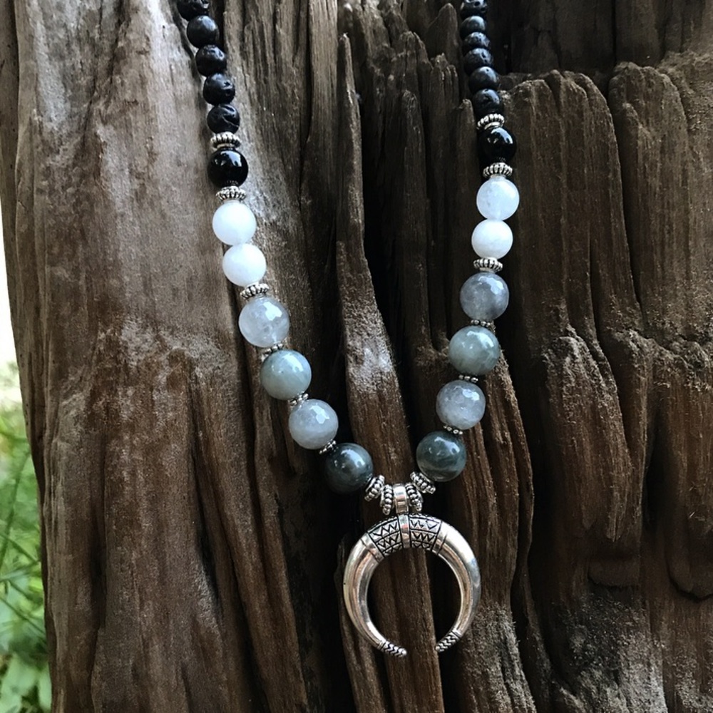 Boho quartz onyx bead chocker silver moon necklace - Picture 4 of 8